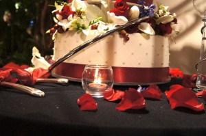 wedding cake in reds whites and blues in Utah reception hall
